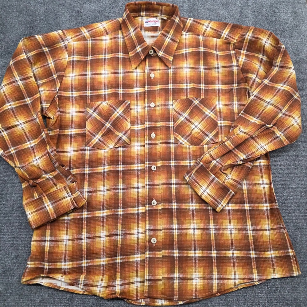 Vintage Wrangler Mens XL Plaid Flannel Shirt Brown Orange 70's 80's USA Made